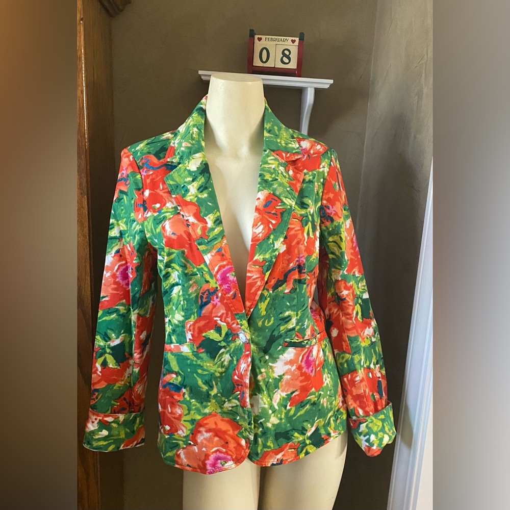 LAL Live A Little Women Floral Button Jacket Blazer Long Sleeve Multicolor M